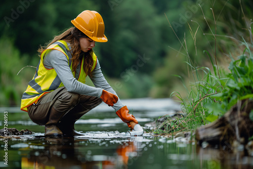 Environmental scientist collecting water samples for analysis. Environmental monitoring and ecological conservation concept with copy space photo