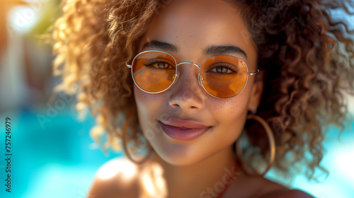 Close up portrait of a beautiful young african american woman with curly hair wearing sunglasses and smiling