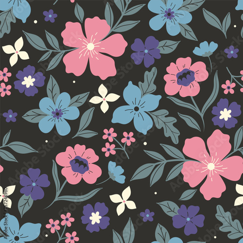 Wallpaper Mural Seamless pattern with pink, blue, purple and white flowers on a black background. Vector graphics. Torontodigital.ca