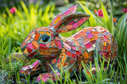 Easter bunny in colorful mosaic on the grass, Easter holiday.