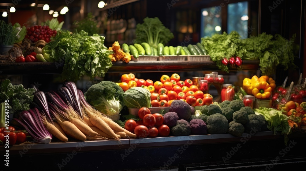 Fresh fruits and vegetables on the counter of a small market. Ingredients and light snacks. A whole juicy fresh harvest from the farm.