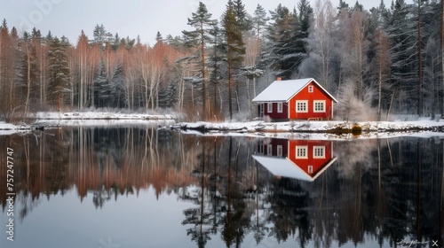 The Isolated Beauty of a Red Cabin Reflecting on a Lake in the Winter Woods