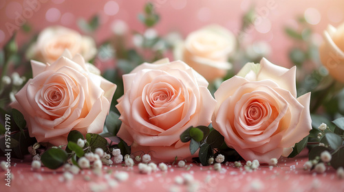 Bouquet of pink and white roses on pink background with copy space