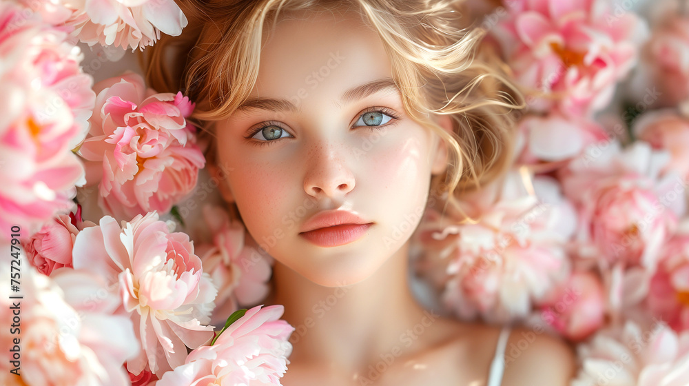 Portrait of a beautiful young woman with pink flowers in her hair Portrait of a beautiful young woman with pink flowers in her hair