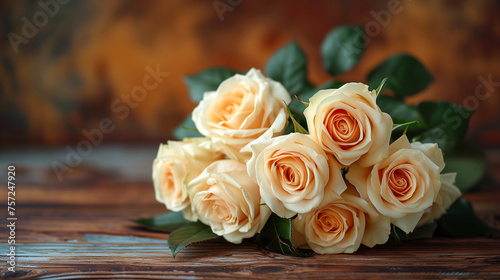 Bouquet of roses on a wooden background. Copy space. © Виктория Дутко