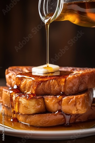 Pouring maple syrup or honey over french toasts .Ai Generative