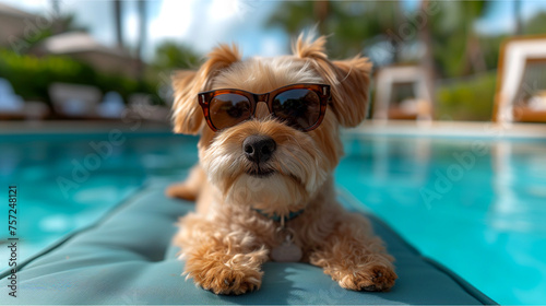 Cute little dog in sunglasses on swimming pool background. Selective focus.