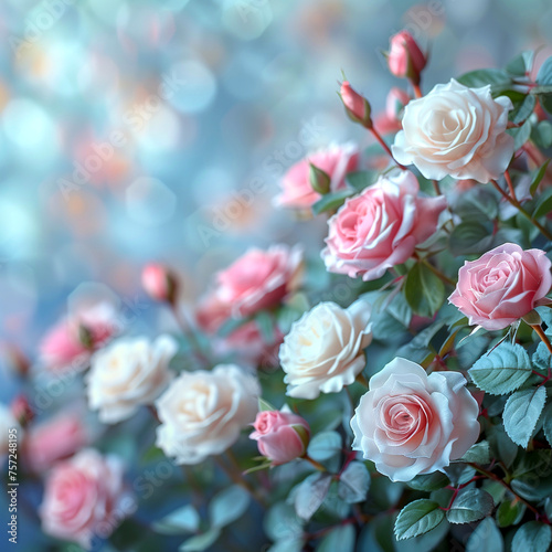 Bouquet of pink and white roses on blue bokeh background