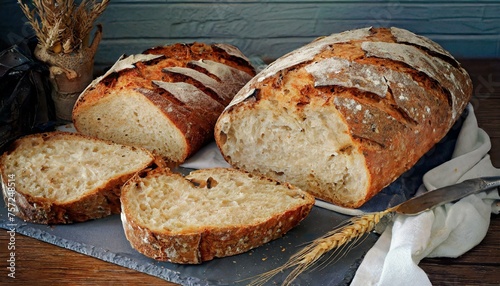 Freshly baked sliced loaf of artisan breads, with a crackling crust and soft interior