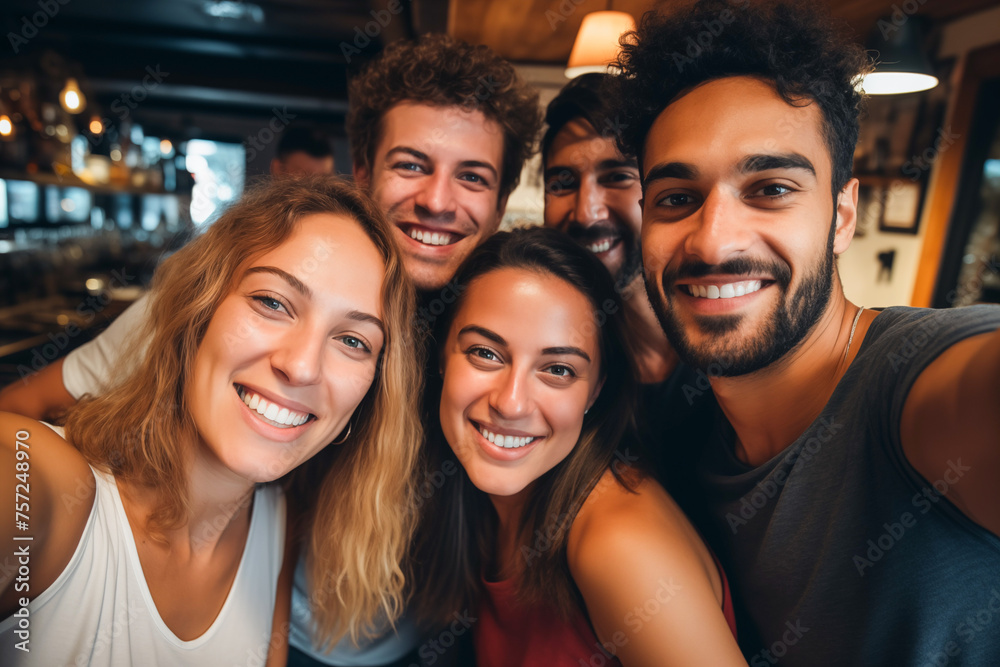 Diverse group of friend having fun in a bar, Happy and smiling friends taking selfie in a pub