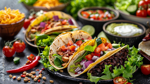 Deliciously plated tacos with ground meat and fresh vegetable toppings served on black slate photo