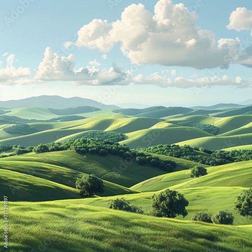a green rolling hills with trees and clouds