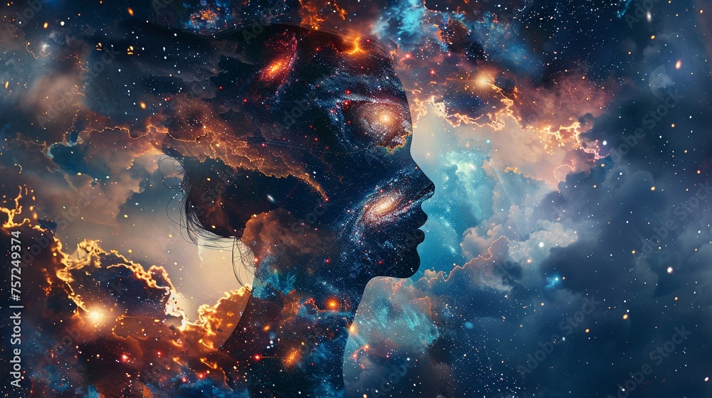 Cosmic Consciousness Depict a human silhouette with a galaxy or star-filled universe inside representing the connection between individual consciousness and the cosmos