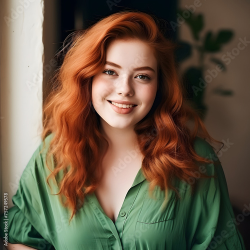 Portrait of a Red-Haired Woman in a Green Dress Generative AI
