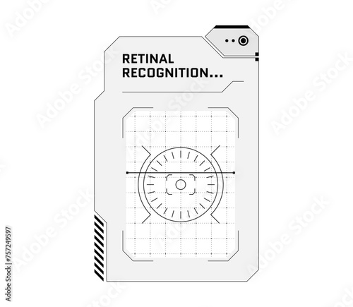 HUD retinal recognition biometric ID scan system concept. User eye verification scanner and person identity security digital panel. Human retina identification. Authorization interface eps design