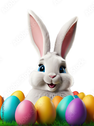 Smiling Easter bunny with colored easter eggs isolated on a transparent background. © AI-deas