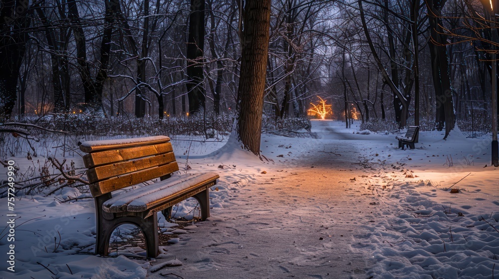 The Quiet Elegance of a City Park Bench Illuminated by Gentle Lights as Winter Night Falls