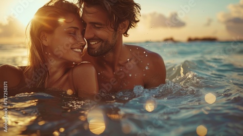 Affectionate couple bathing in the sea at sunset