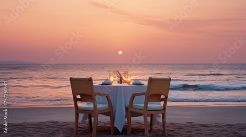 Cafe on the seaside, served table and two chairs on the seashore, romantic evening. © PaulShlykov