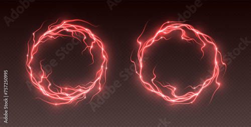 Red electric lightning frames, round thunderstorm border, realistic thunderbolts, energy flash explosion isolated on dark background. Vector illustration.