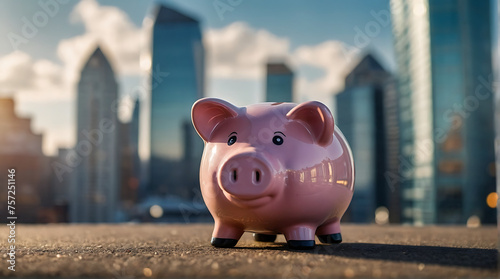 piggy bank standing against city skyscrapers, symbolizing the intersection of finance and urban living, highlighting the importance of savings in today’s fast-paced city life