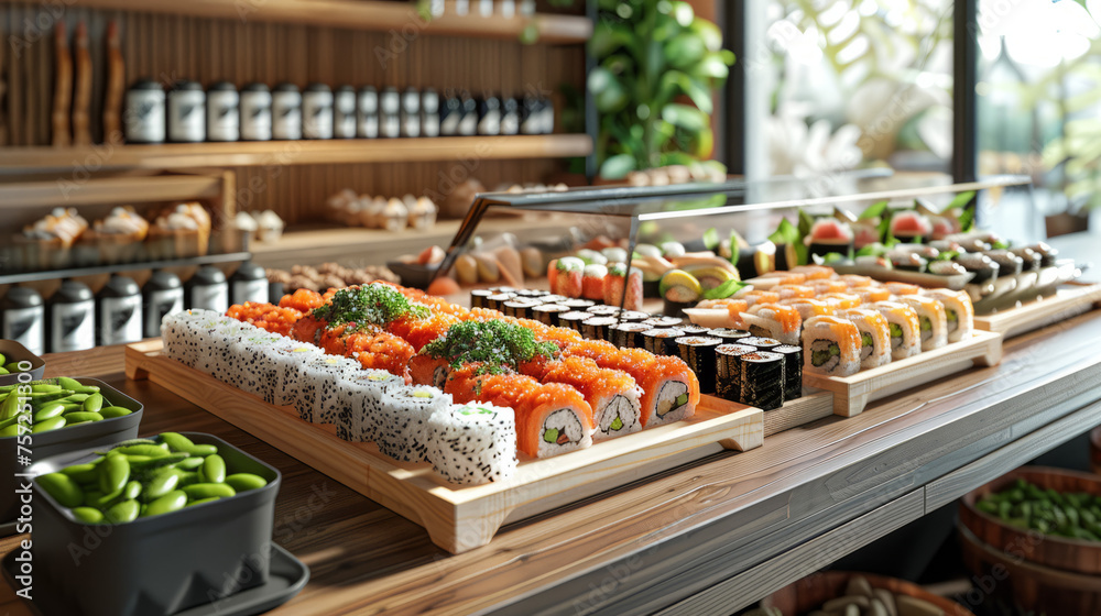 An array of sushi and rolls neatly presented on wooden trays in a contemporary styled sushi restaurant An array of sushi and rolls neatly presented on wooden trays in a contemporary styled sushi restaurant