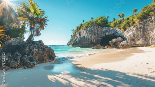 A stunning beach with turquoise water, white sand and rocks.