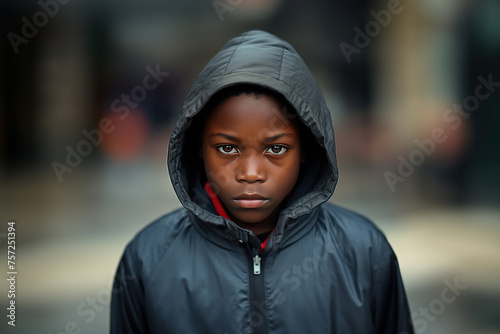 Boy Black in his teens or young talking head shoulders shot bokeh out of focus background on a cosmopolitan western street vox pop website review or questionnaire candid photo