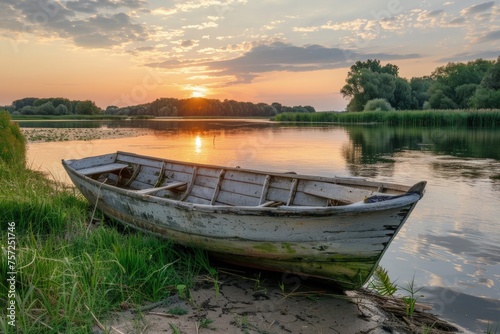 Old wooden boat anchored on the bank of a river  sunset in the background.