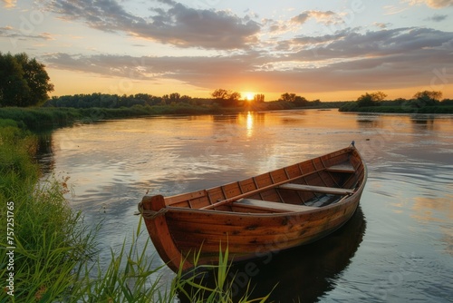 Old wooden boat anchored on the bank of a river, sunset in the background.