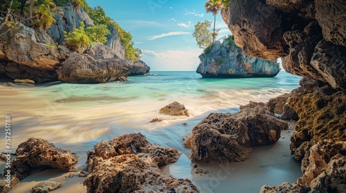 A stunning beach with turquoise water, white sand and rocks.
