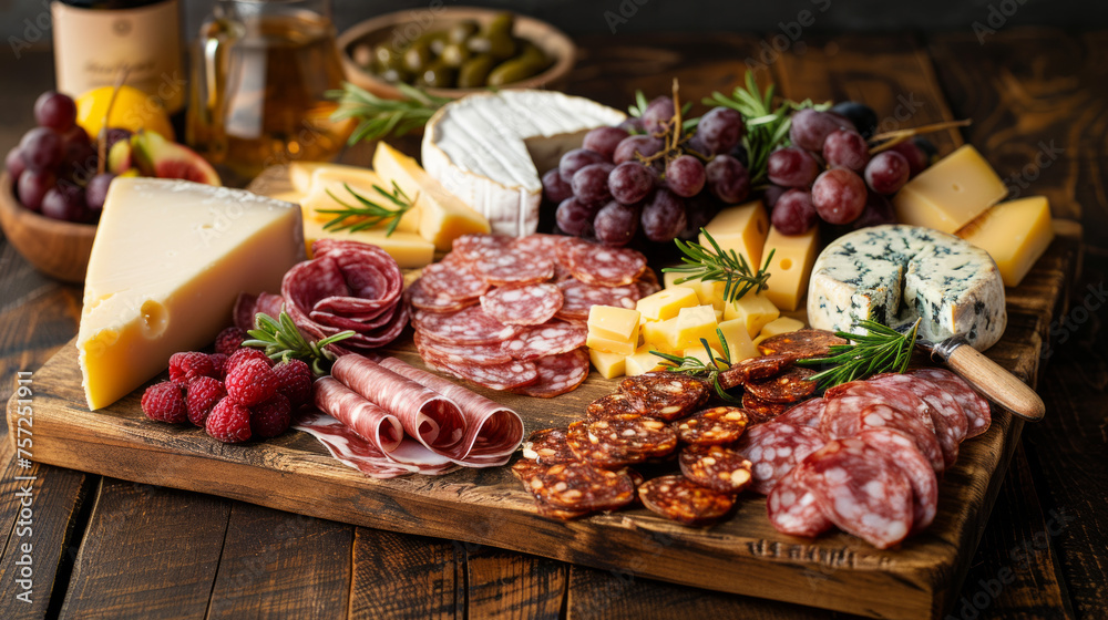 High-end cheese and cured meat board with nuts, fruits, and herbs, perfect for a sophisticated gathering High-end cheese and cured meat board with nuts, fruits, and herbs, perfect for a sophisticated gathering