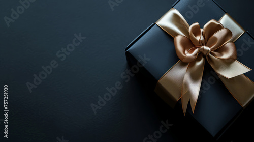 Close up black gift on black background with copyspace. Valentine's day, black friday, romance, love, wedding anniversary concept 