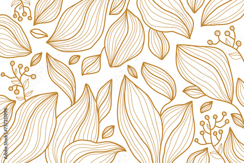 Tropical leaf line art wallpaper background vector. Natural monstera and banana leaves pattern design in minimalist linear. 