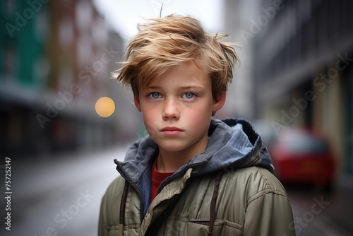 Boy White Scandinavianin his teens or young talking head shoulders shot bokeh out of focus background on a cosmopolitan western street vox pop website review or questionnaire candid photo