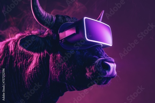 Ox with virtual reality glasses, concept of technological and agricultural advancement.