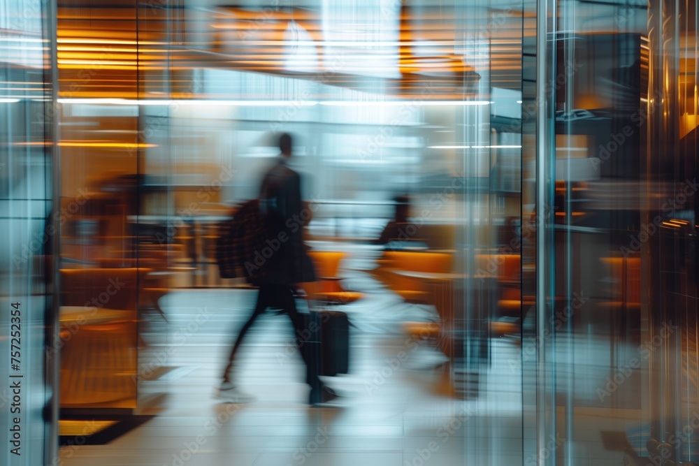 Blurred Motion Image of Traveler Rushing Through Modern Airport Lounge with Luggage, Capturing Travel, Movement, and Business Travel Atmosphere Blurred Motion Image of Traveler Rushing Through Modern Airport Lounge with Luggage, Capturing Travel, Movement, and Business Travel Atmosphere