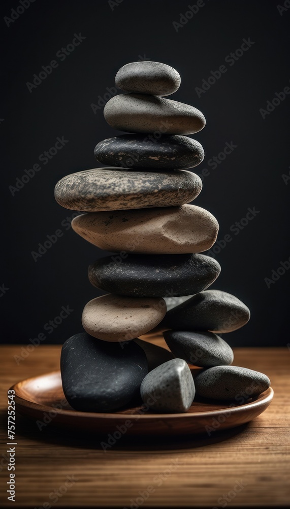 Serene Elegance Stack of Spa Stones Resting on Wooden Table Tray, Against a Dark Backdrop, Creating an Elegant Arrangement Serene Elegance Stack of Spa Stones Resting on Wooden Table Tray, Against a Dark Backdrop, Creating an Elegant Arrangement