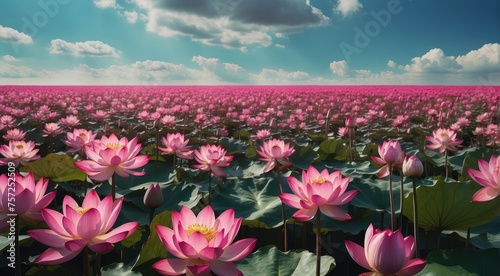 Pink Petal Paradise Field of Lotus Flowers with Petals Illuminated in Vibrant Magenta, Set Against a Serene Blue Sky and Billowy Clouds © Oleks Stock