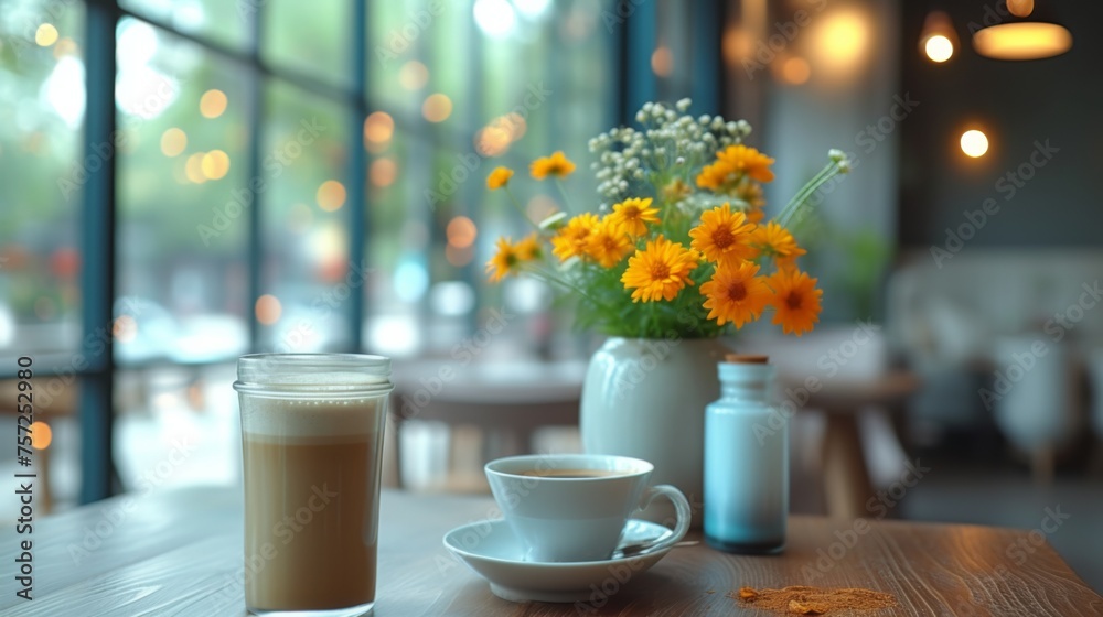 A calming coffee shop scene featuring a creamy latte in a clear glass and a cup of tea alongside a vase of fresh marigold flowers, with soft daylight streaming in. - obrazy, fototapety, plakaty 