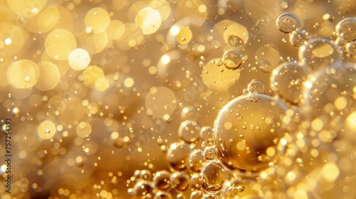Macro shot of effervescent bubbles in sparkling champagne  reflecting the light in a festive toast