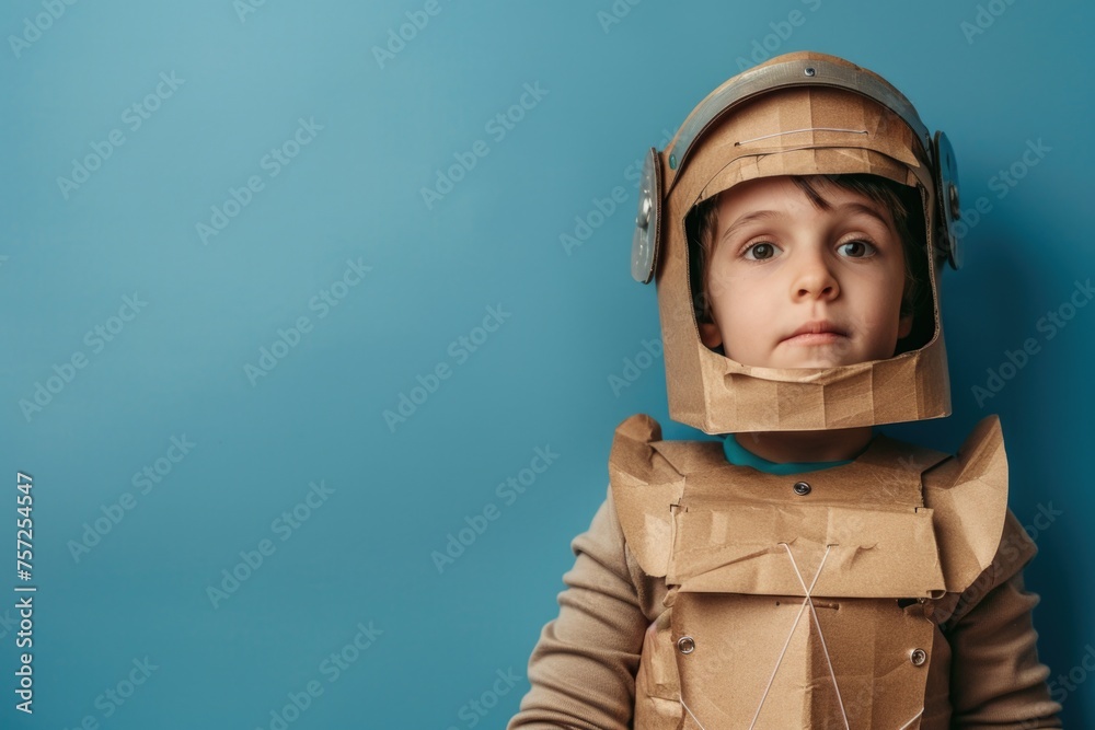 Child with cardboard armor, concept of play, fun. Children's Day. Child with cardboard armor, concept of play, fun. Children's Day.