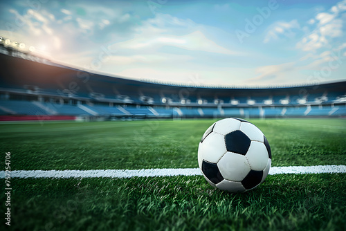soccer ball on the turf at a football stadium during the day, background image with space for text and a soccer ball in the stadium
