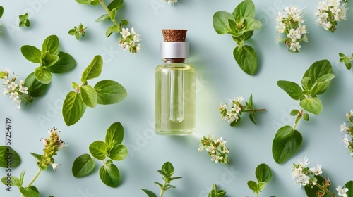 Essential oil bottle amidst fresh herbs and fresh origanum vulgare flowering twigs on a white-blue background. photo