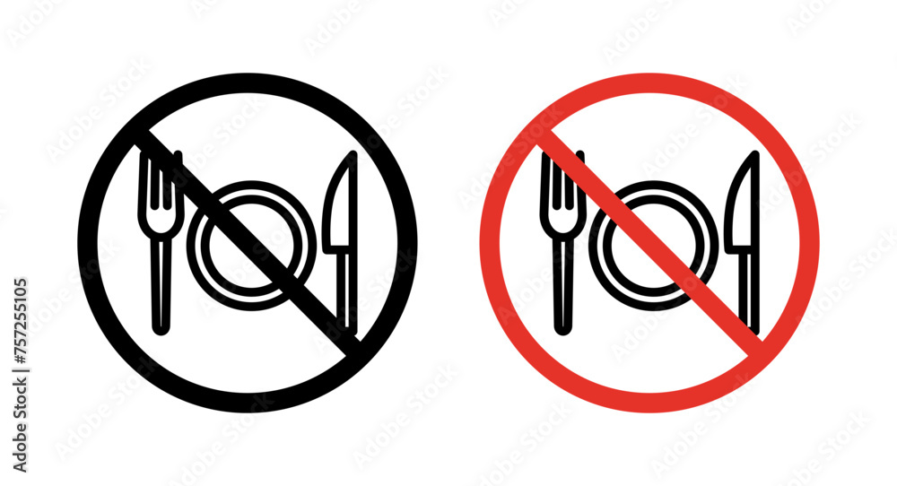 No Eating Sign Icon Set. No Food Consumption Allowed vector symbol in a black filled and outlined style. Dining Prohibition Sign.