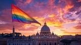 gay flag waving next to St. Peter's Basilica on a beautiful sunset in high resolution and high quality