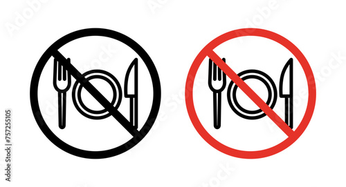 No Eating Sign Icon Set. No Food Consumption Allowed vector symbol in a black filled and outlined style. Dining Prohibition Sign.