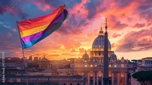 gay flag flying next to St. Peter's Basilica on a beautiful sunset photo