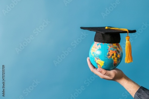 Hand holding a globe with graduation cap, concept of knowledge, learning and graduation.