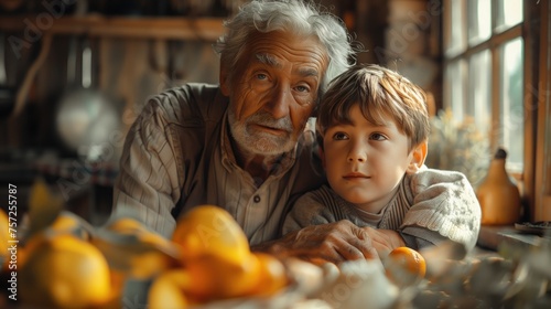 boy with a grandfather holding his hand, in the style of warm tones. candid family moments, spending time together